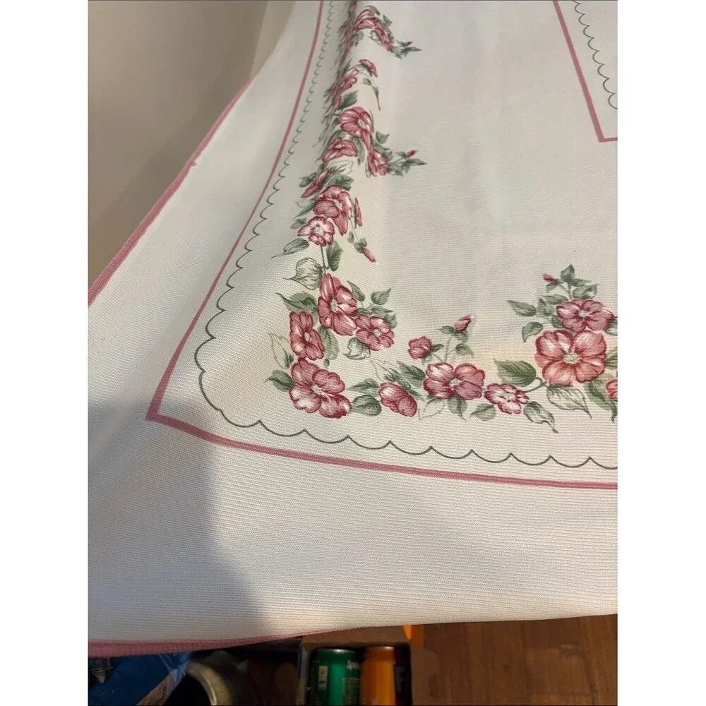 Floral Border Pink and White Tablecloth